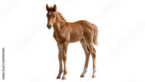 Tableau sur toile Brown horse foal standing on white