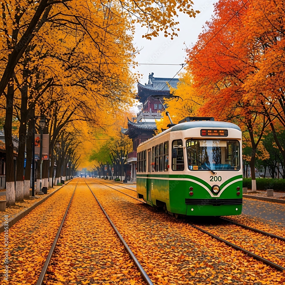 Obraz premium Autumn city street with vintage trolley bus.