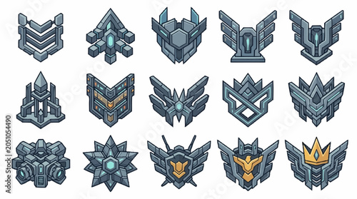 Foto Collection of Pixel Art Game Trophies and Badges in Various Metallic Tones