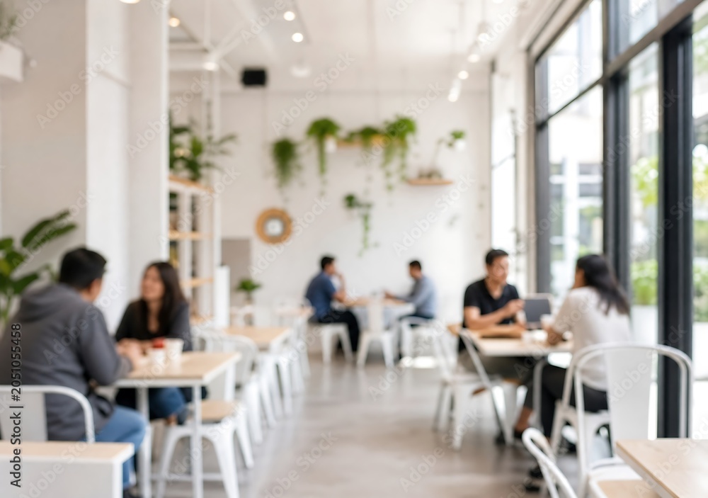 Fototapeta premium Blurred view of people sitting at tables in modern bright cafe with hanging plants and natural light representing casual meetings and social interaction in coffee shop environment