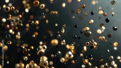 Abstract Luxury Gold and Black Liquid Droplets Floating on Dark Background