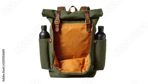 Quadro su tela Green canvas roll-top backpack with brown leather straps and orange interior, ho