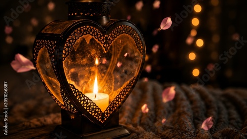 Heart-shaped lantern with candle amidst falling petals in cozy atmosphere