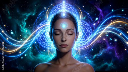 Serene caucasian female in cosmic meditation with geometric patterns