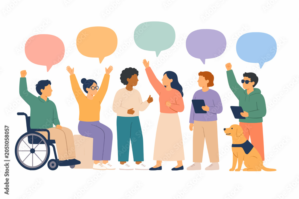 Fototapeta premium Celebrating neurodiversity with speech bubbles, diversity strength and inclusive achievement concept, flat illustration