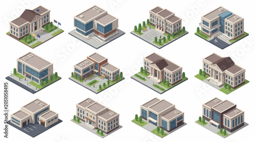 Fotografia Set of isometric public buildings including schools and municipal offices for city planning