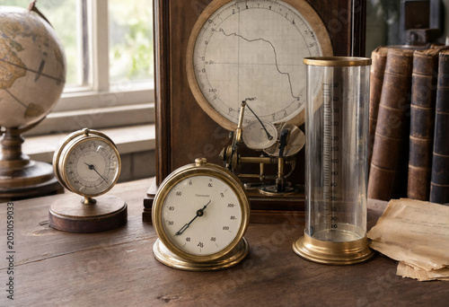 Fotografija Antique meteorological instruments including barometer, thermometer, and rain ga