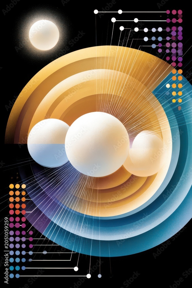 Obraz premium Abstract cosmic data visualization with luminous spheres, concentric waves and futuristic radial design