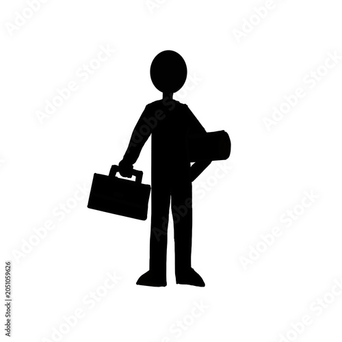businessman with briefcase.Simple hand-drawn black and white illustration of an office worker carrying a briefcase and rolled documents while heading to work. 