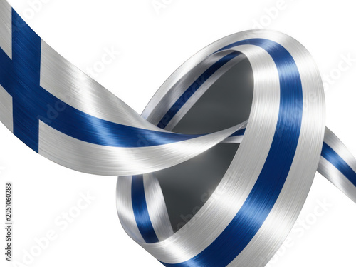 A glossy, metallic ribbon featuring the flag of finland, twisted into a loop and isolated on transparent background