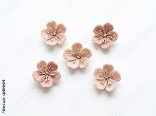 Handmade Pink Felt Flowers On White Background, Fabric Blossoms For Wedding Decor And Crafts