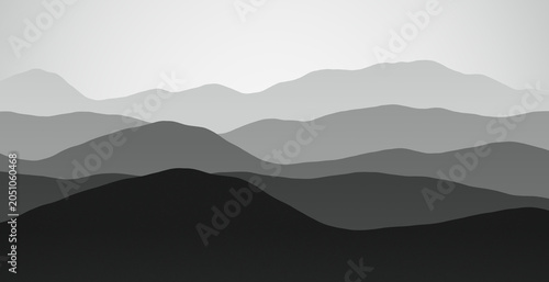 Abstract monochrome grey landscape with layered mountain silhouettes, landscape