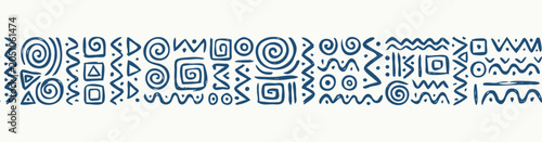 Foto Deep indigo mudcloth tribal symbols seamless border ribbon on off-white