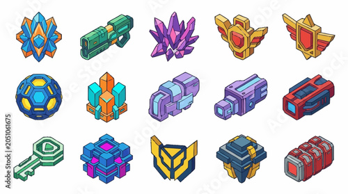 Bild auf Leinwand Set of isometric video game icons featuring futuristic weapons crystals shields and collectible items