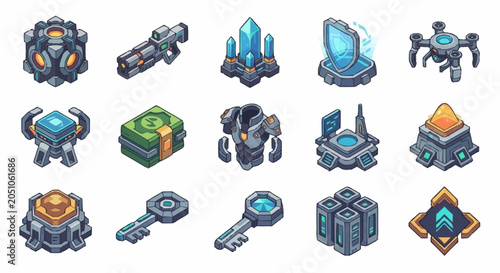 Obraz na płótnie Set of isometric game assets including fantasy technology items weapons and structures