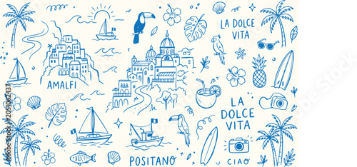 Photos Mediterranean travel doodle sketches of Amalfi and Positano coastal towns in blue ink art