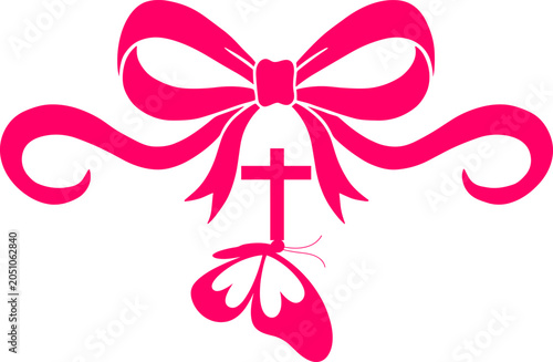Christian Cross with Decorative Ribbon Bow and Heart Accent EPS Vector Faith Design