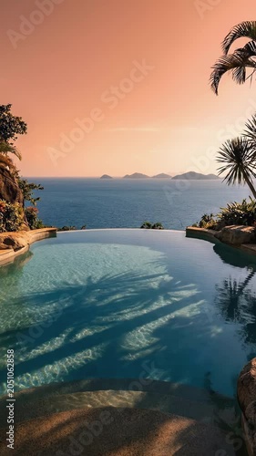 Infinity swimming pool overlooking the blue ocean with tropical islands on the horizon under a warm orange sky