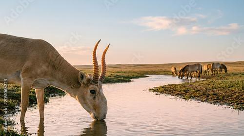 Saiga antelope drinking from a watering hole in the steppe with przewalskis horses in the background at sunset