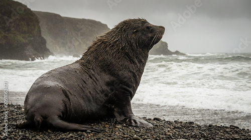 Foto New zealand fur seal sitting on a rocky beach with waves in the background
