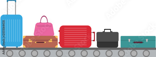  Luggage bags and suitcases moving on airport carousel conveyor belt vector flat illustration