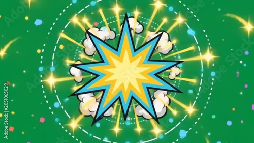 Vibrant Comic Starburst Element featuring colourful comic-style starburst pops outward Green Screen Element