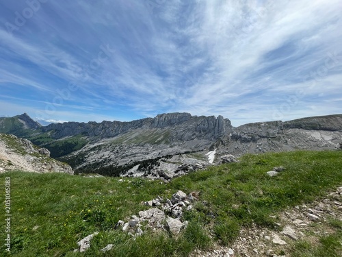 Randonnée dans le vercors avec fleur, montagne et lac de la grande moucherolle