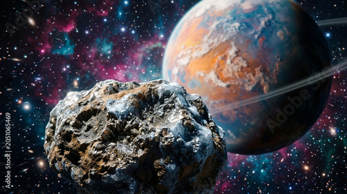 Large textured asteroid floating in deep space. Ringed planet and colorful nebula in the background. Science fiction space exploration concept