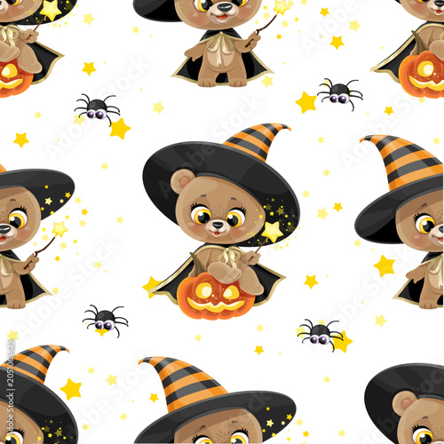 Seamless pattern with cute cartoon teddy bear magician in stripped cap with magic wand sit on pumpkin