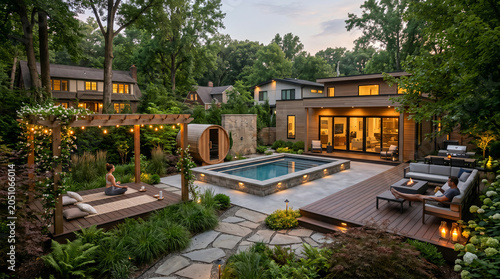 Modern backyard oasis at dusk with lit plunge pool, wooden barrel sauna, and cozy lounge area