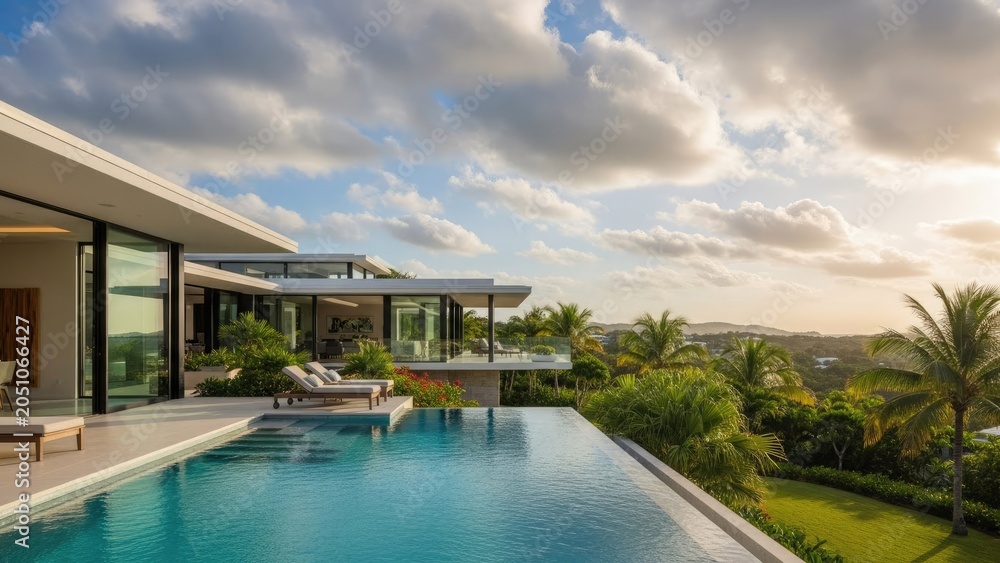 Fototapeta premium Luxury contemporary villa with infinity pool and ocean view.