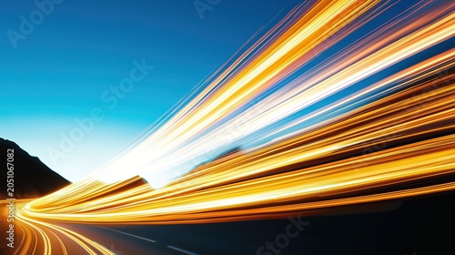 Surreal digital art isolated on white background, wide-angle view of light trails crossing desert hills, curved road lines and smooth mountain contours, speed motion blur, soft lighting and clear blue