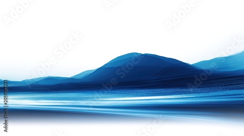 Surreal digital art isolated on white background, wide-angle view of light trails crossing desert hills, curved road lines and smooth mountain contours, speed motion blur, soft lighting and clear blue