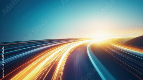 Surreal digital art isolated on white background, wide-angle view of light trails crossing desert hills, curved road lines and smooth mountain contours, speed motion blur, soft lighting and clear blue