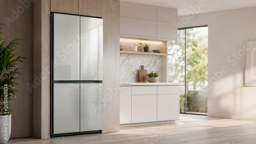 Built In Refrigerator in Bright Modern Kitchen Interior