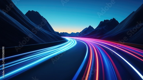Surreal digital art isolated on white background, wide-angle view of light trails crossing desert hills, curved road lines and smooth mountain contours, speed motion blur, soft lighting and clear blue