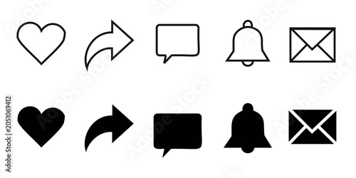 Obraz na płótnie Social media communication interface icons including heart love symbol arrow share reply chat message speech bubble notification bell and email envelope outline solid set
