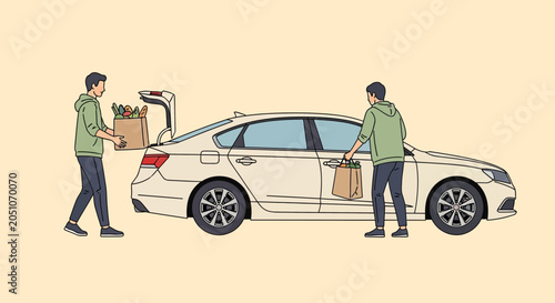 Tableau sur toile Man loading groceries into car trunk, contactless delivery, everyday life