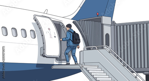 Obraz na płótnie Man with backpack boarding airplane via jet bridge at airport terminal