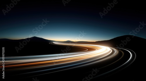 Surreal digital art isolated on white background, wide-angle view of light trails crossing desert hills, curved road lines and smooth mountain contours, speed motion blur, soft lighting and clear blue