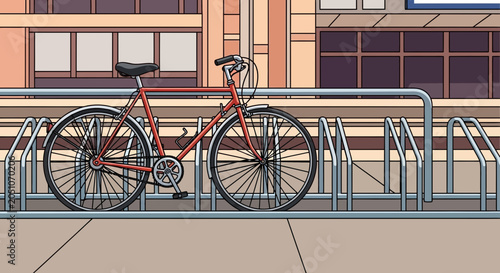 Fotografie Vintage Red Bicycle Parked at Outdoor Rack Near Modern Buildings