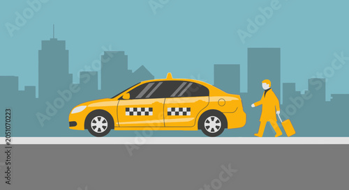 Photography Yellow Taxi Cab and Passenger with Luggage on City Street | Transportation Conce