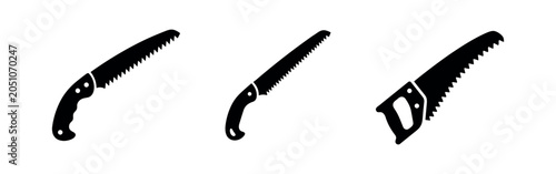 Photos Set of three black silhouette hand saw icons on white background.