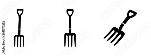 Foto Set of three black silhouette garden fork icons on white background