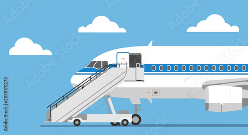 Foto Airplane boarding stairs attached to jetliner with open door, blue sky backgroun