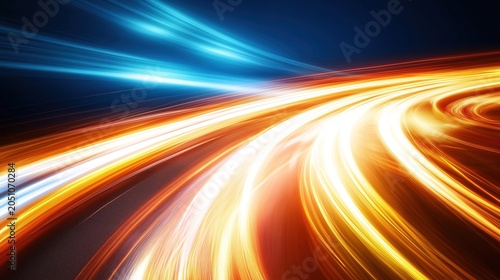 Surreal digital art isolated on white background, wide-angle view of light trails crossing desert hills, curved road lines and smooth mountain contours, speed motion blur, soft lighting and clear blue