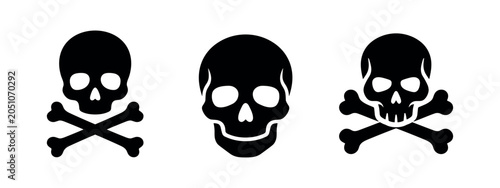 Set of three black silhouette skull and crossbones icons on white background.