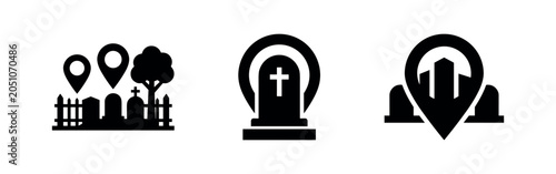 Foto Cemetery and gravestone icons with location pins