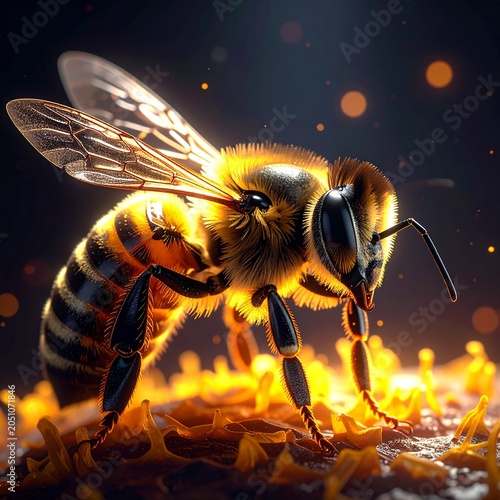 Professional macro image of a Firefly Bee showcasing intricate fur coverage, elegant wing textures, and highly realistic insect anatomy