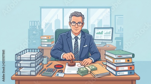 Executive stamping documents at office desk with computer monitor and stacks of financial files